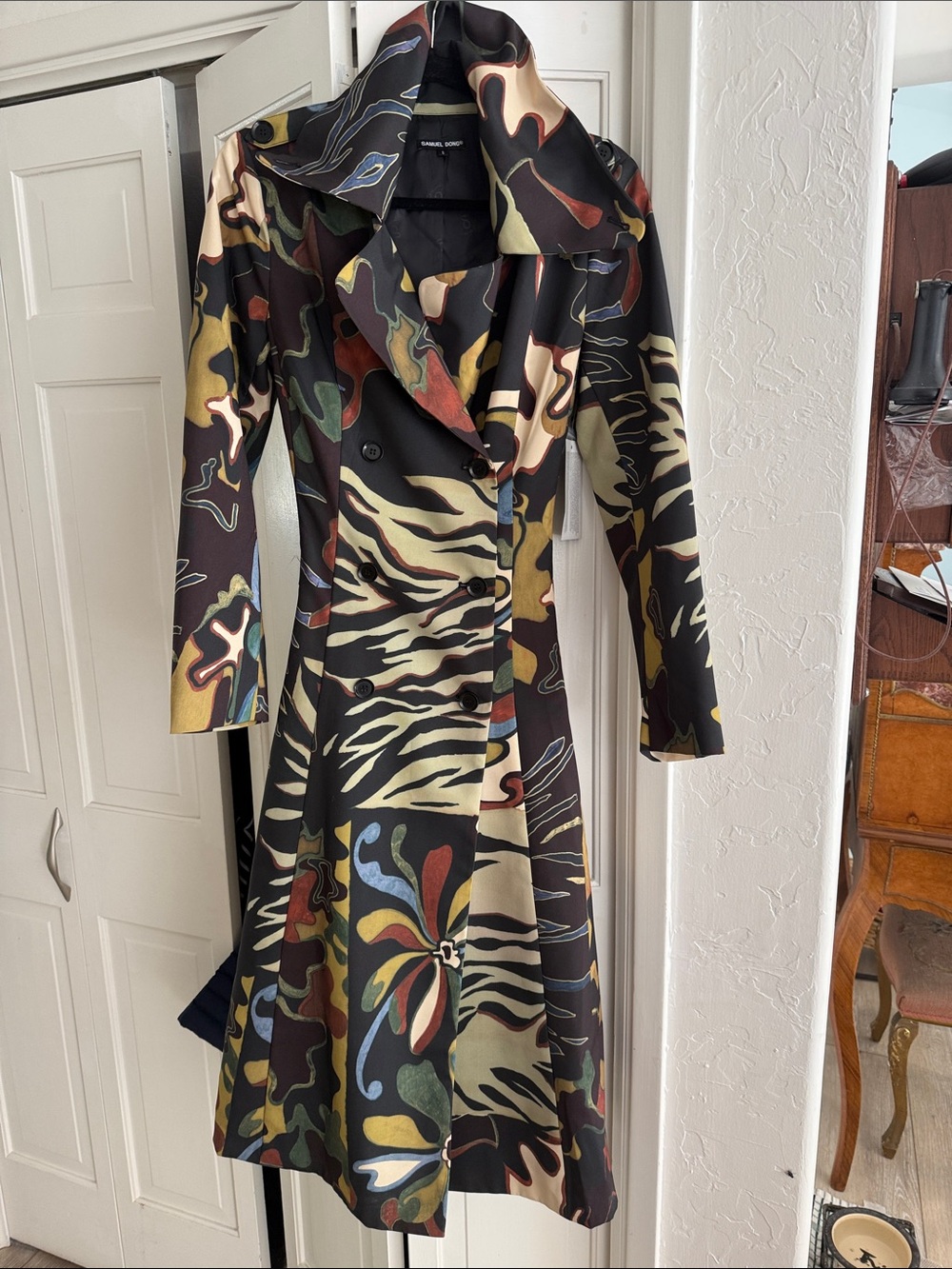 Samuel Dong Multicolor Abstract Printed Long-Sleeve Trench Dress
